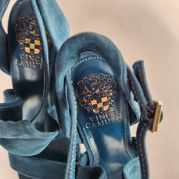 NWOT Vince Camuto 6.5M Kalentie Teal Suede Open Toe Sandals 3.5" Stiletto Heel - Picture 2 of 12